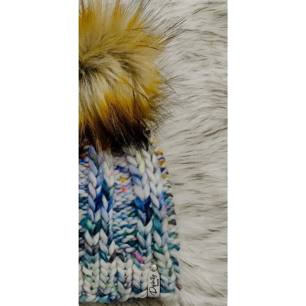Handmade Scrappy Merino Wool Beanie: Colorful Winter Hat with Faux Fur Pom